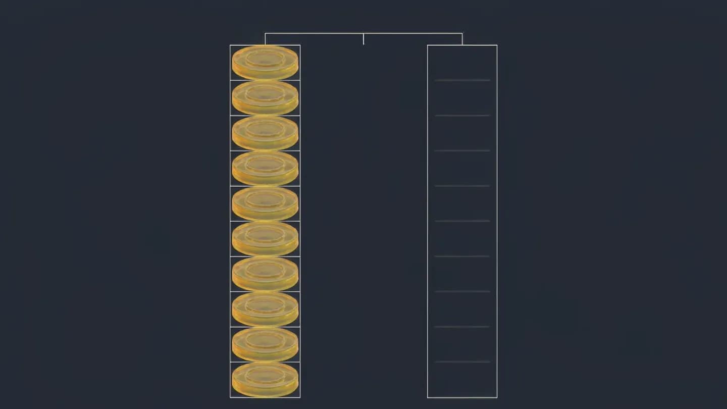 Two equal outlined columns on navy: one stacked with amber discs, the other empty with placeholder dashes