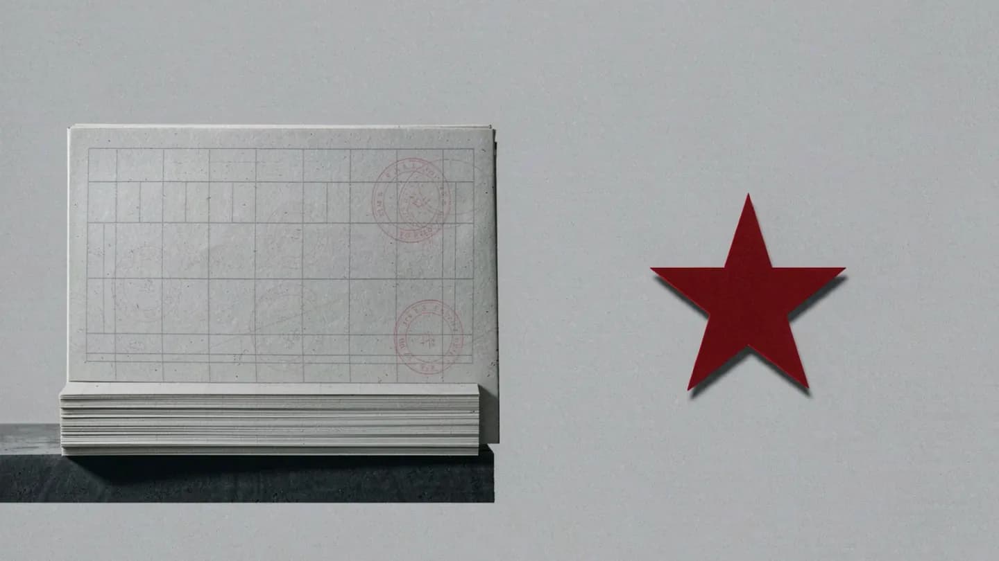 Split composition contrasting a neat stack of clearance documents on the left with a single crimson star on bare grey concrete to the right, one clean vertical seam dividing them