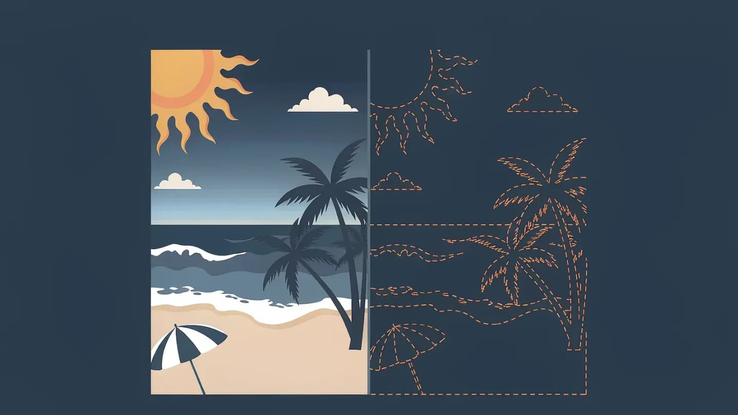 One beach drawn twice: the left version fully rendered with waves, sand and an umbrella, the right version only a hollow dashed outline on a dark navy field.