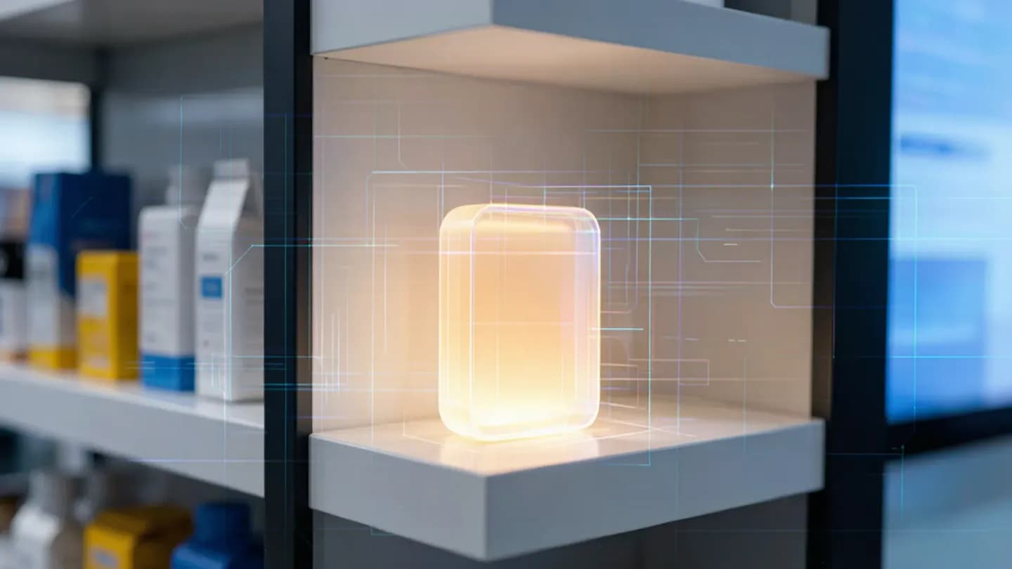 A single retail product lit like a studio shot with a subtle digital wireframe suggesting AI generation