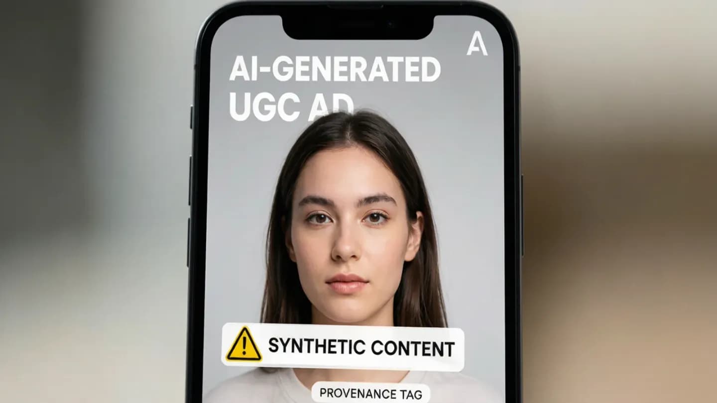 A smartphone showing an AI-generated UGC ad with a synthetic content disclosure label and provenance tag