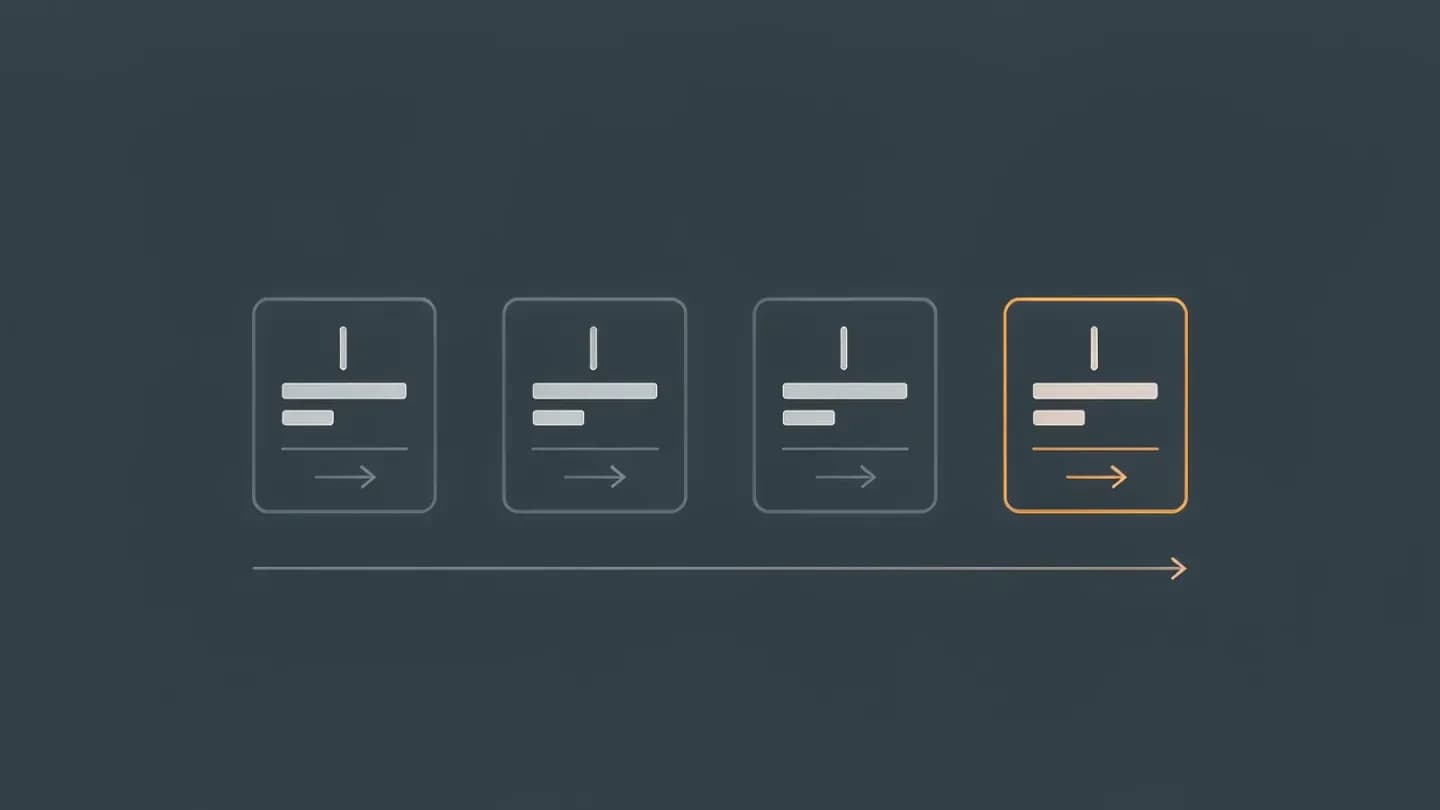 Flat vector diagram of four square cards moving left to right along an arrow, each holding a small bar glyph, with the last card outlined in amber