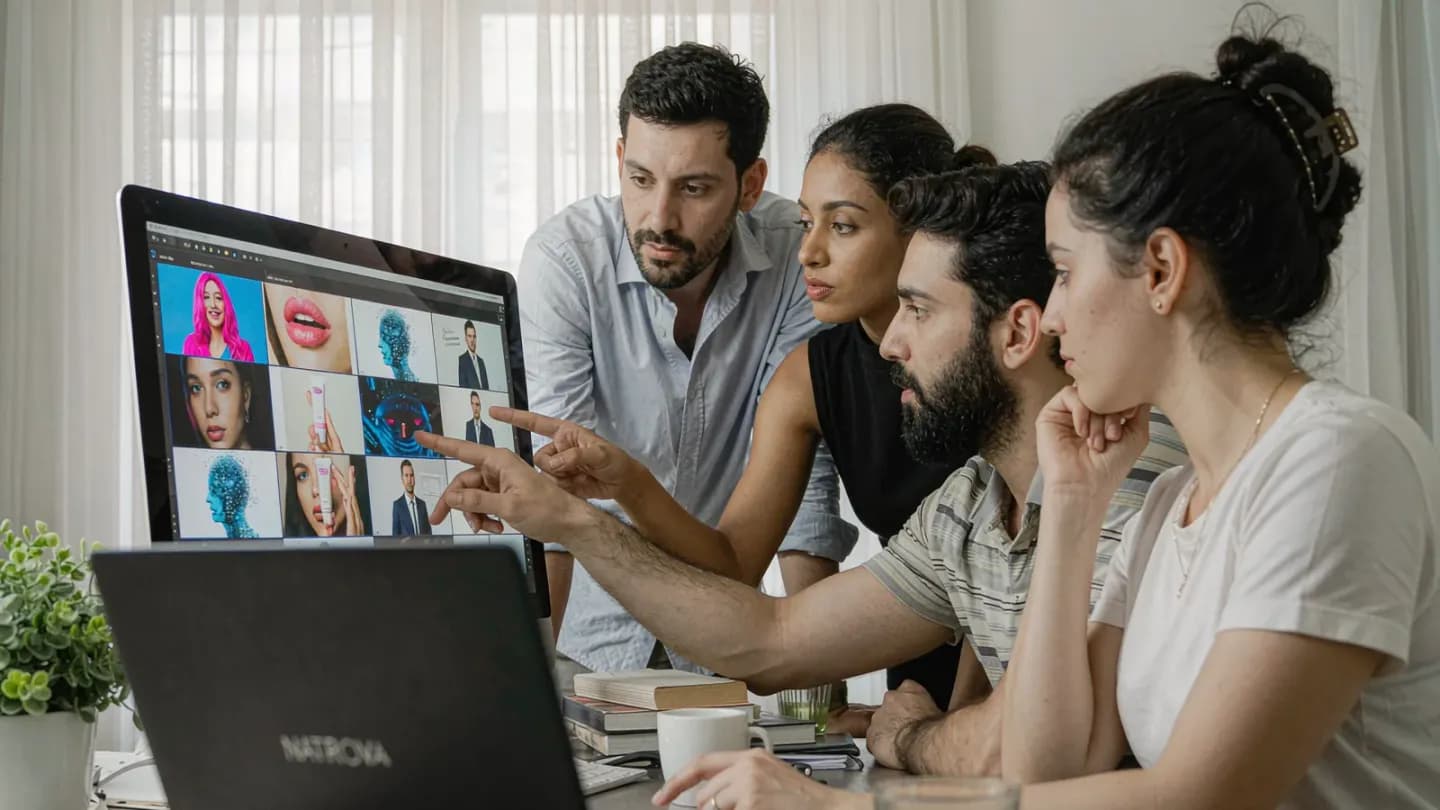 Brand team viewing a monitor showing creator and AI-generated video thumbnails together