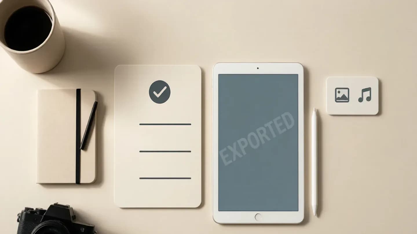 A production desk flat-lay with a compliance checklist, a watermarked exported frame, and a provenance panel.