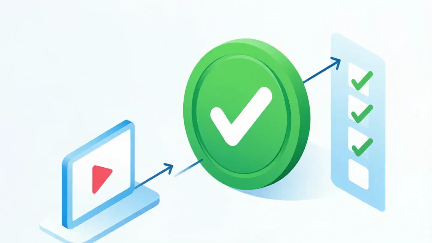 An isometric compliance gate stamping a video frame as approved against a checklist