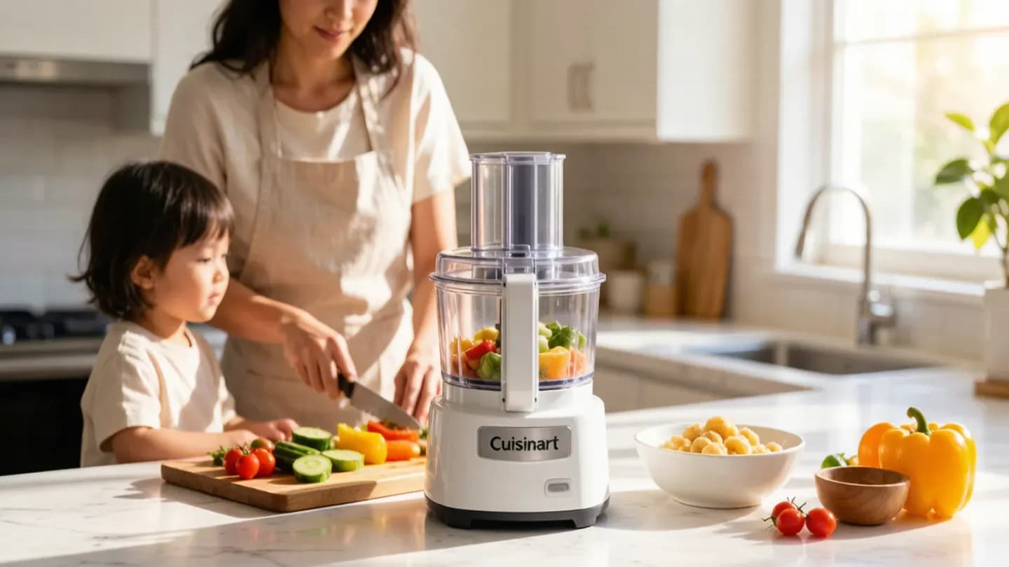 A modern kitchen counter with a food processor and a small family preparing a meal in clean commercial style