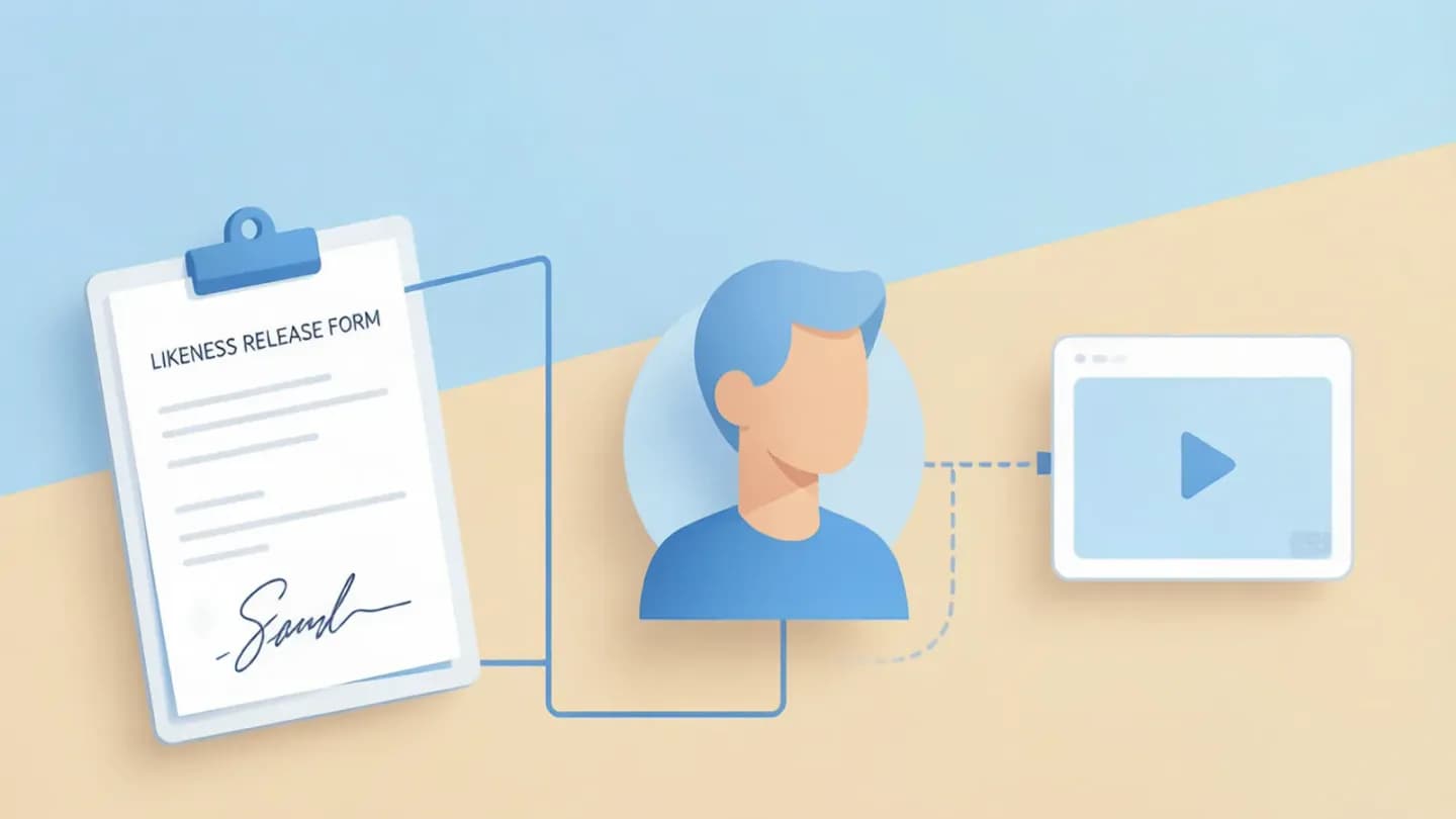 An isometric diagram linking a signed consent form to a generated avatar and a watermarked video frame.