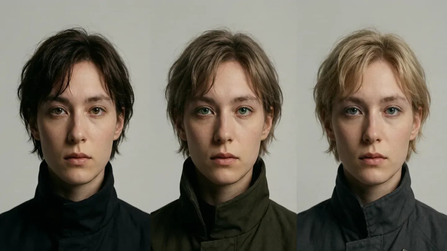 Three frames of one character drifting in appearance across shots