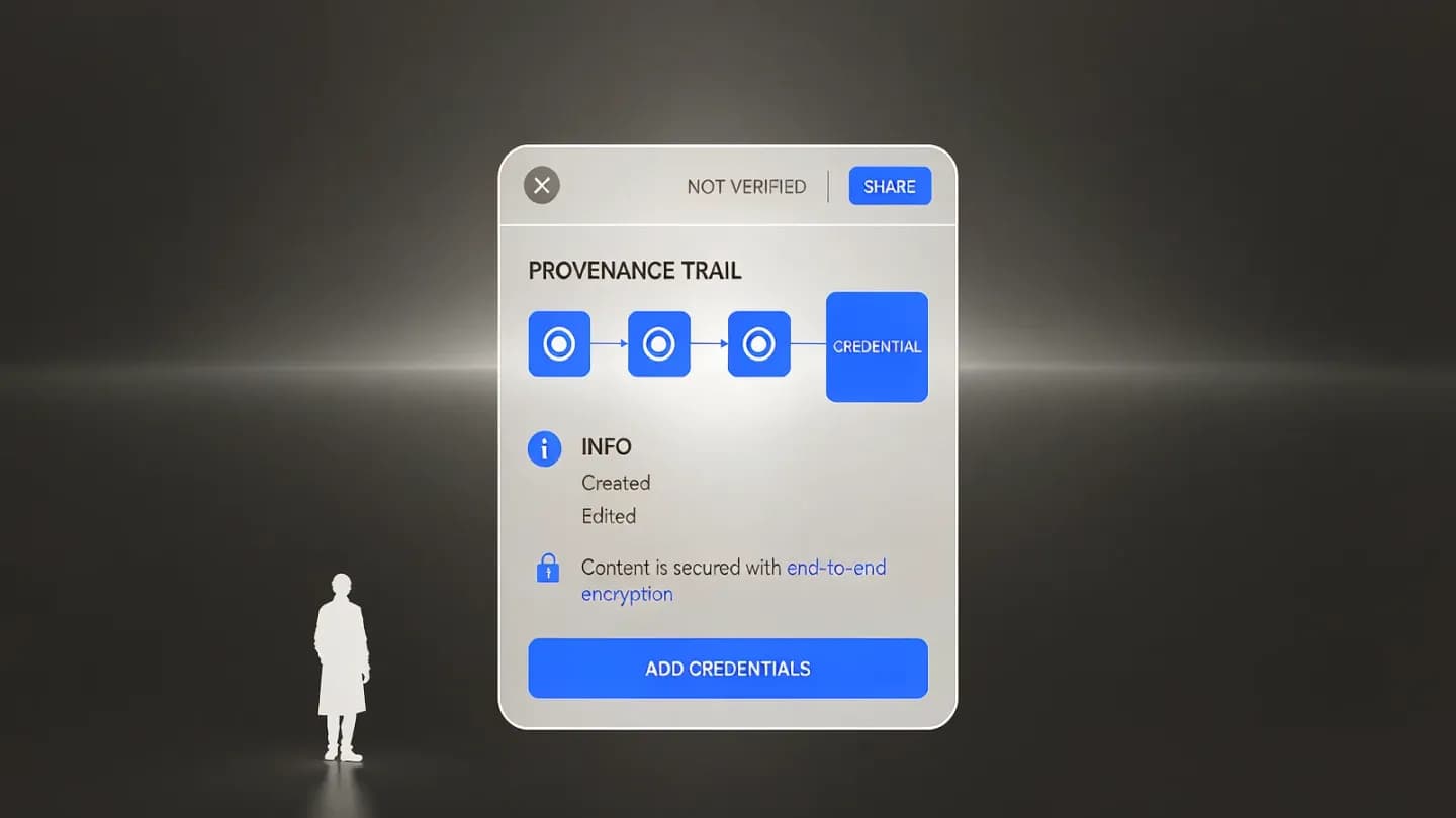 A content credentials panel showing a provenance trail over a video frame