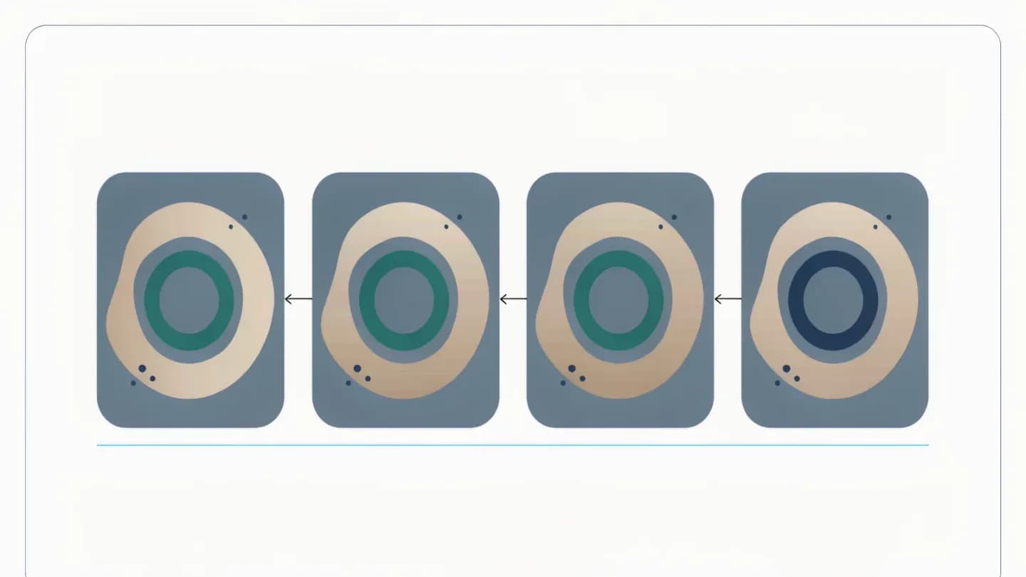 Flat vector diagram of four shot panels in a row, each linked to the next by an arrow, with one continuous line running beneath them to represent a single grading pass.