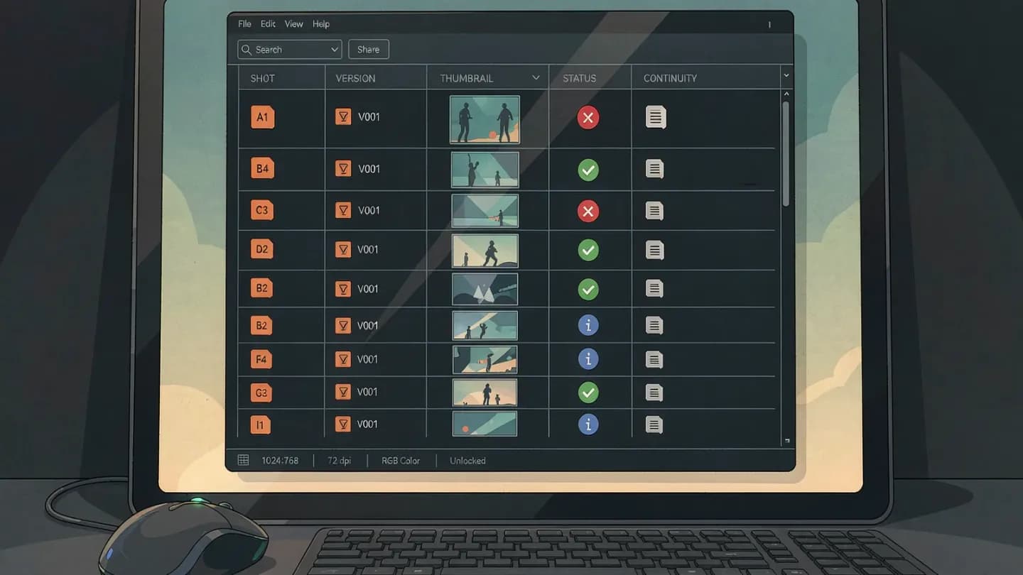 An illustrated production interface showing a table of video shot entries, each row labelled with version, reference images, take status and continuity notes.