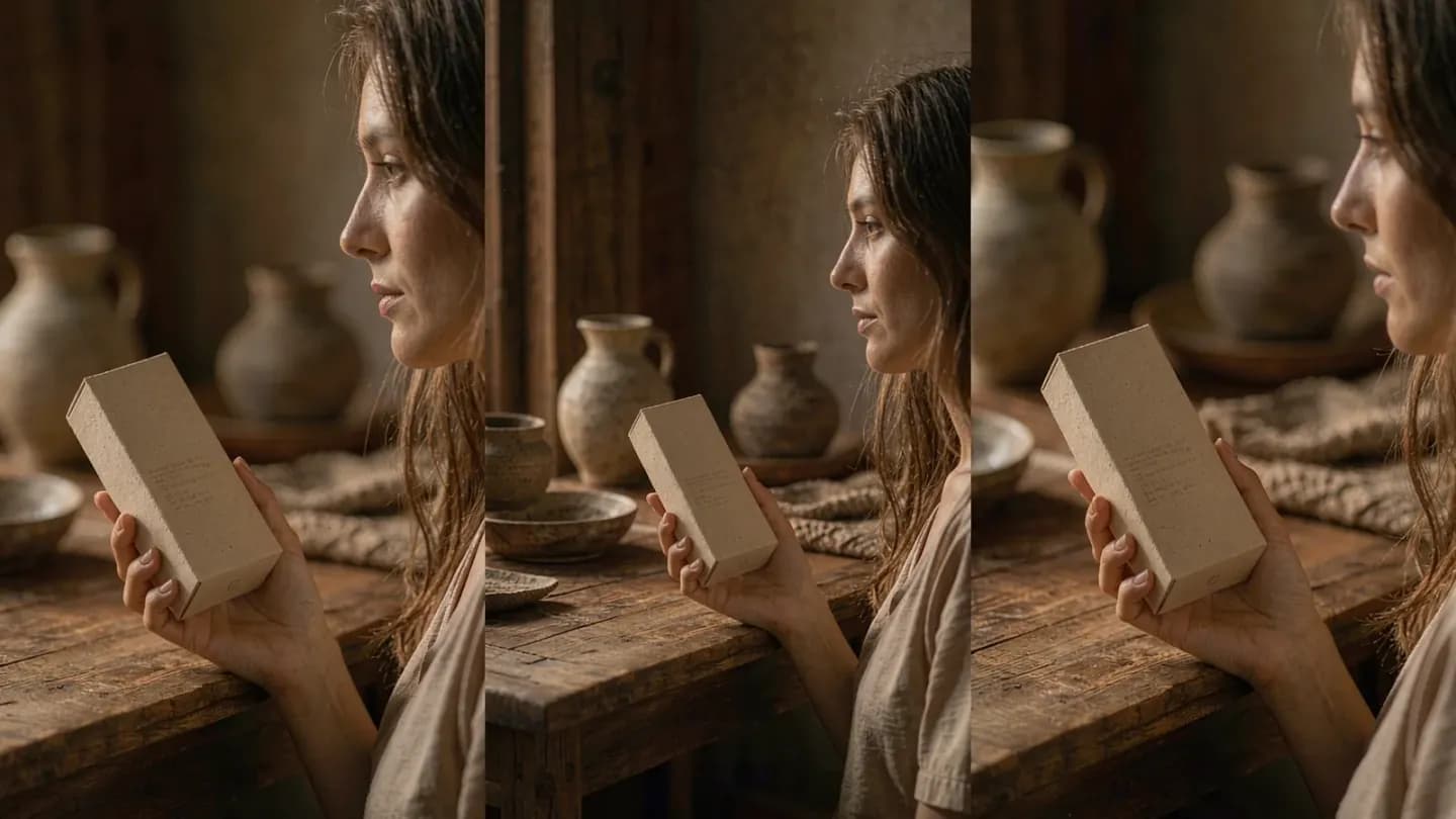 A three-panel storyboard showing a single brand story unfolding in one consistent setting