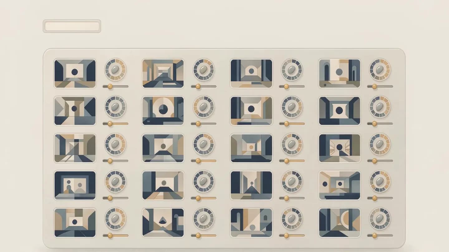 Editorial illustration of a studio console of control dials replacing a single plain prompt input field
