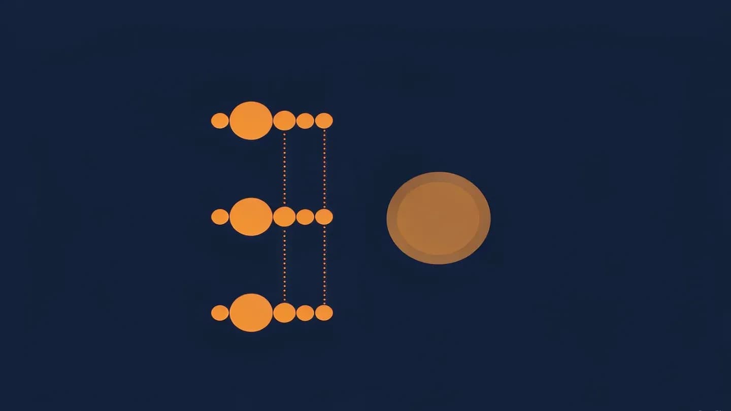 Three clusters of small amber circles connected by dotted paths to one large glowing circle, on a deep navy background.