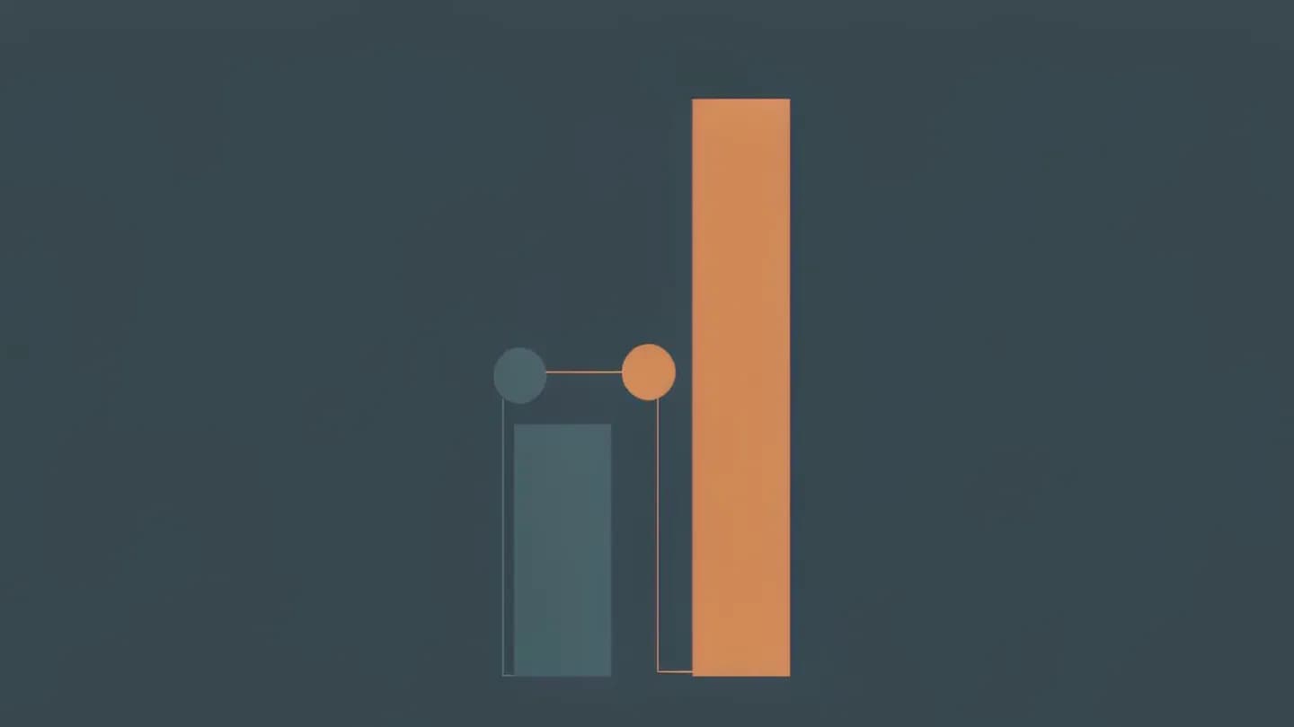 Two vertical bars on a dark navy field: a short slate bar on the left and a tall amber bar on the right about twice its height, each with a small circle at its top, joined by a thin line.