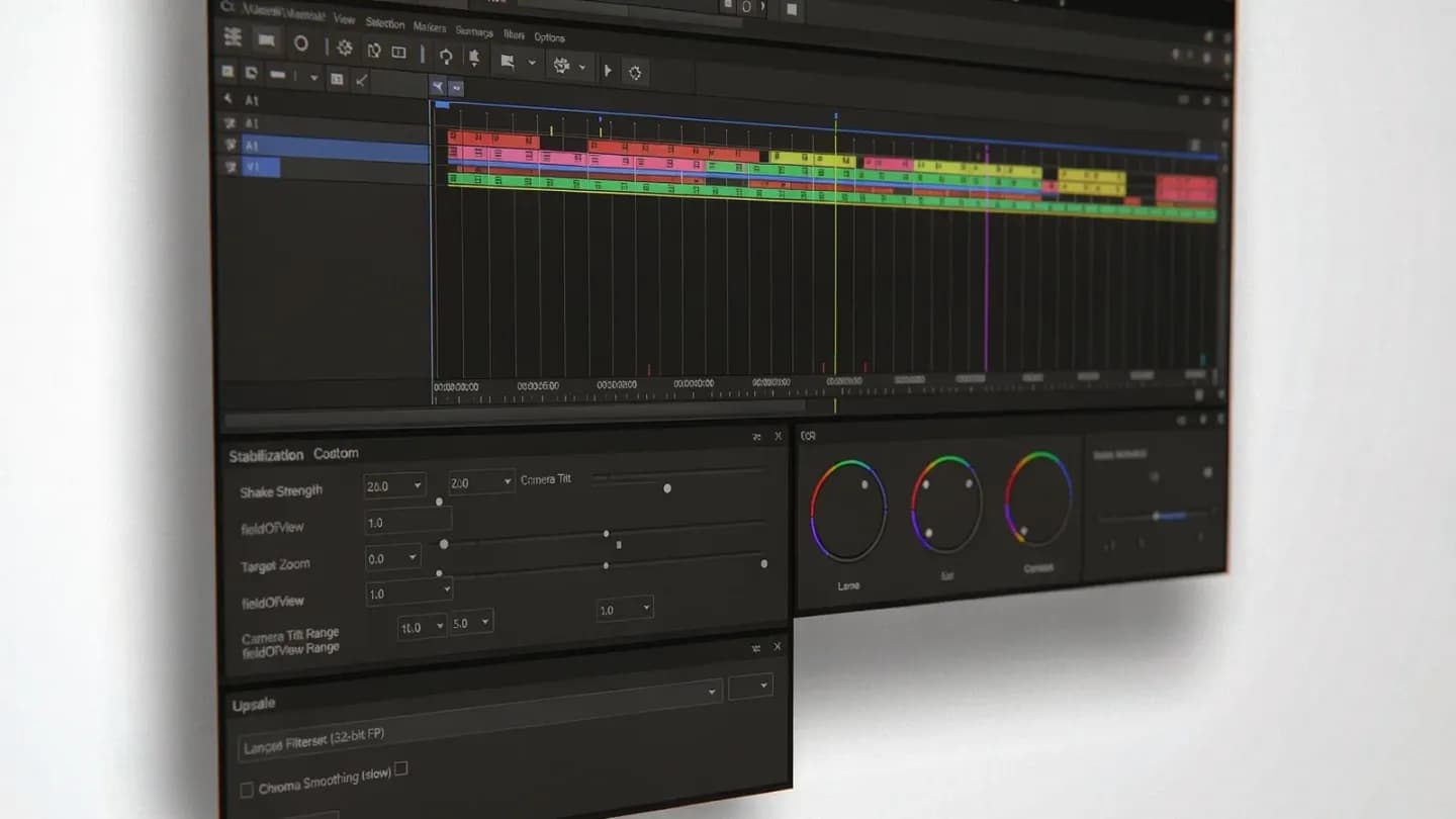 Video editing interface displaying stabilization, color matching, and upscale controls