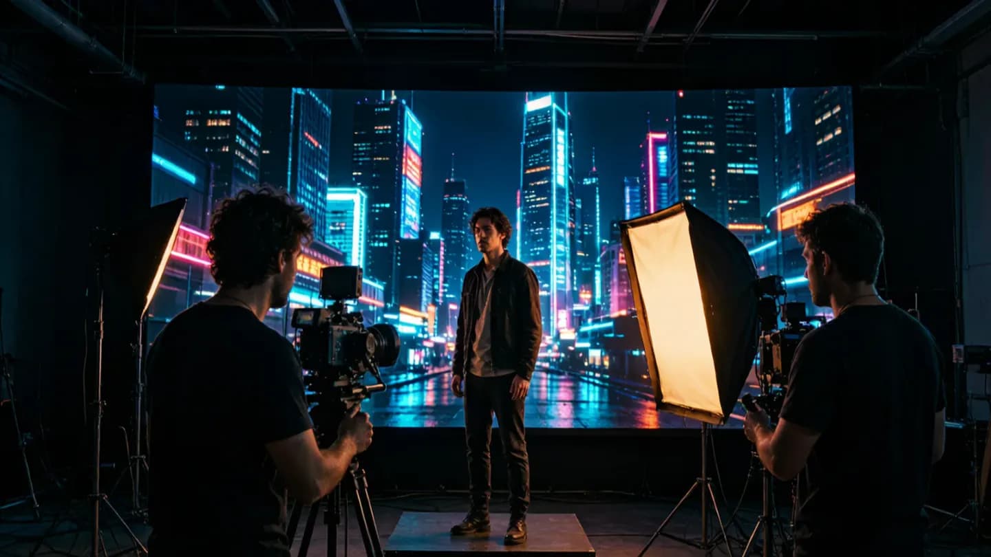 A film crew shooting a real actor on a practical set while a generated city skyline environment shows on a reference monitor, illustrating a hybrid production.