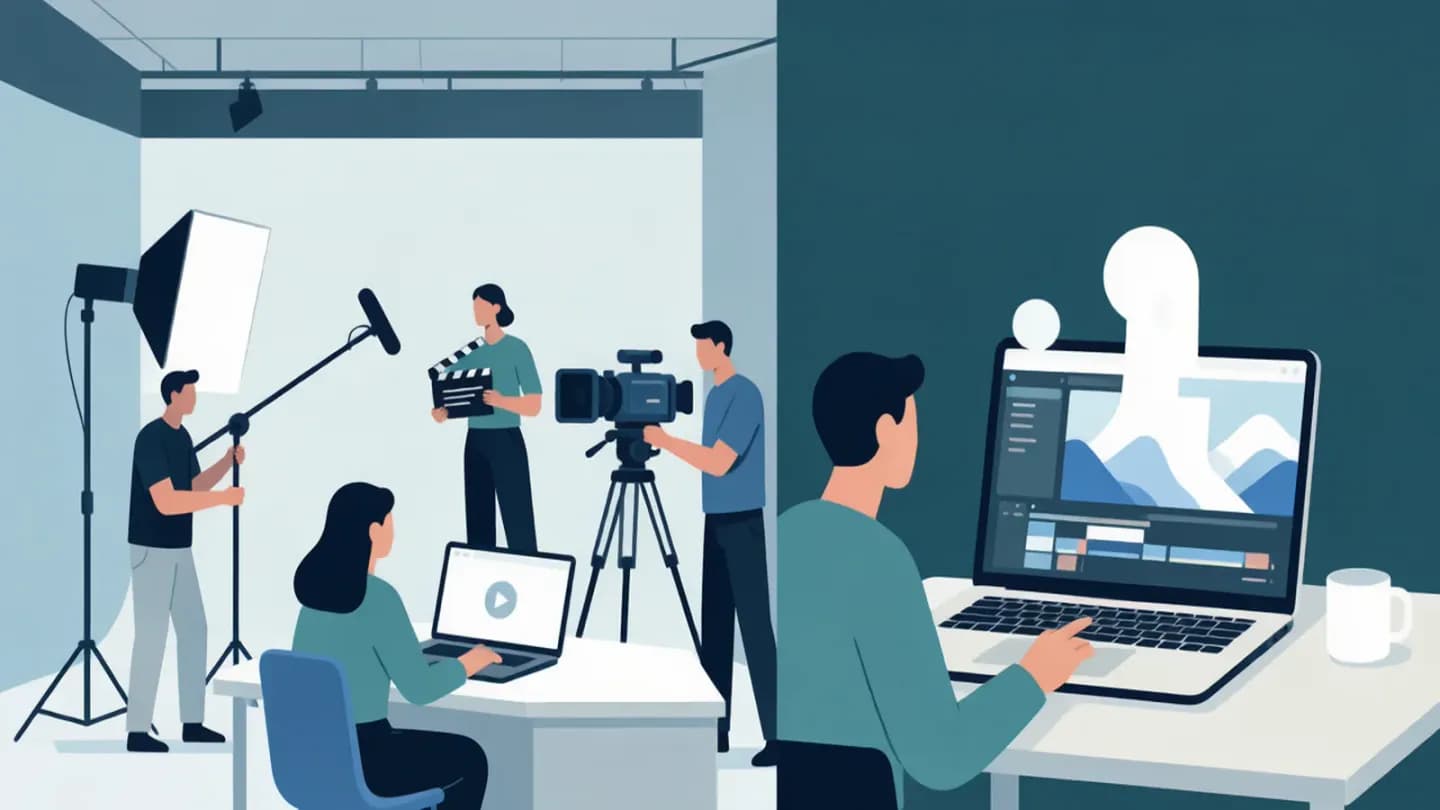 Split-screen comparing a traditional film crew with a solo AI video editor