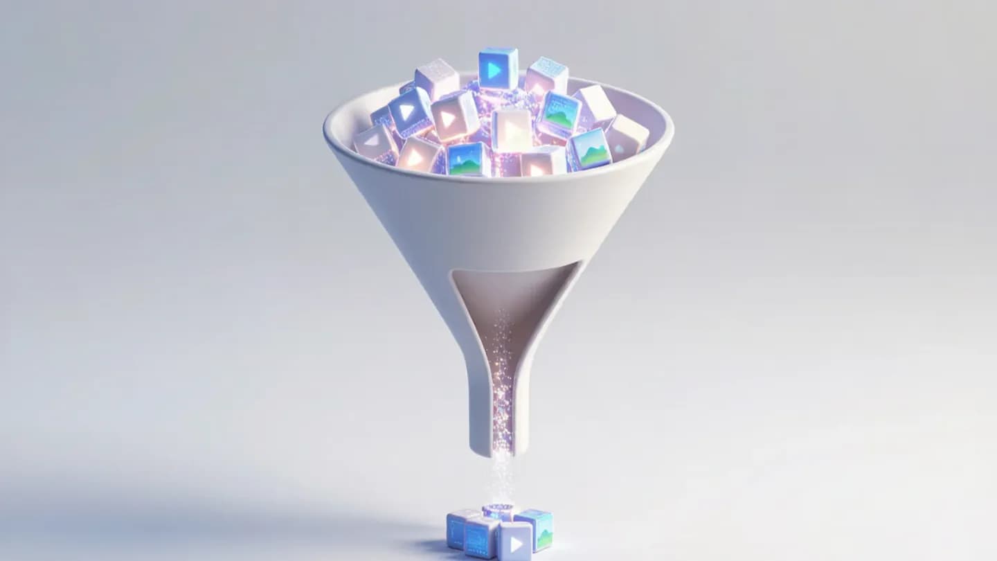 A funnel narrowing from many generated clips to a few finished ones