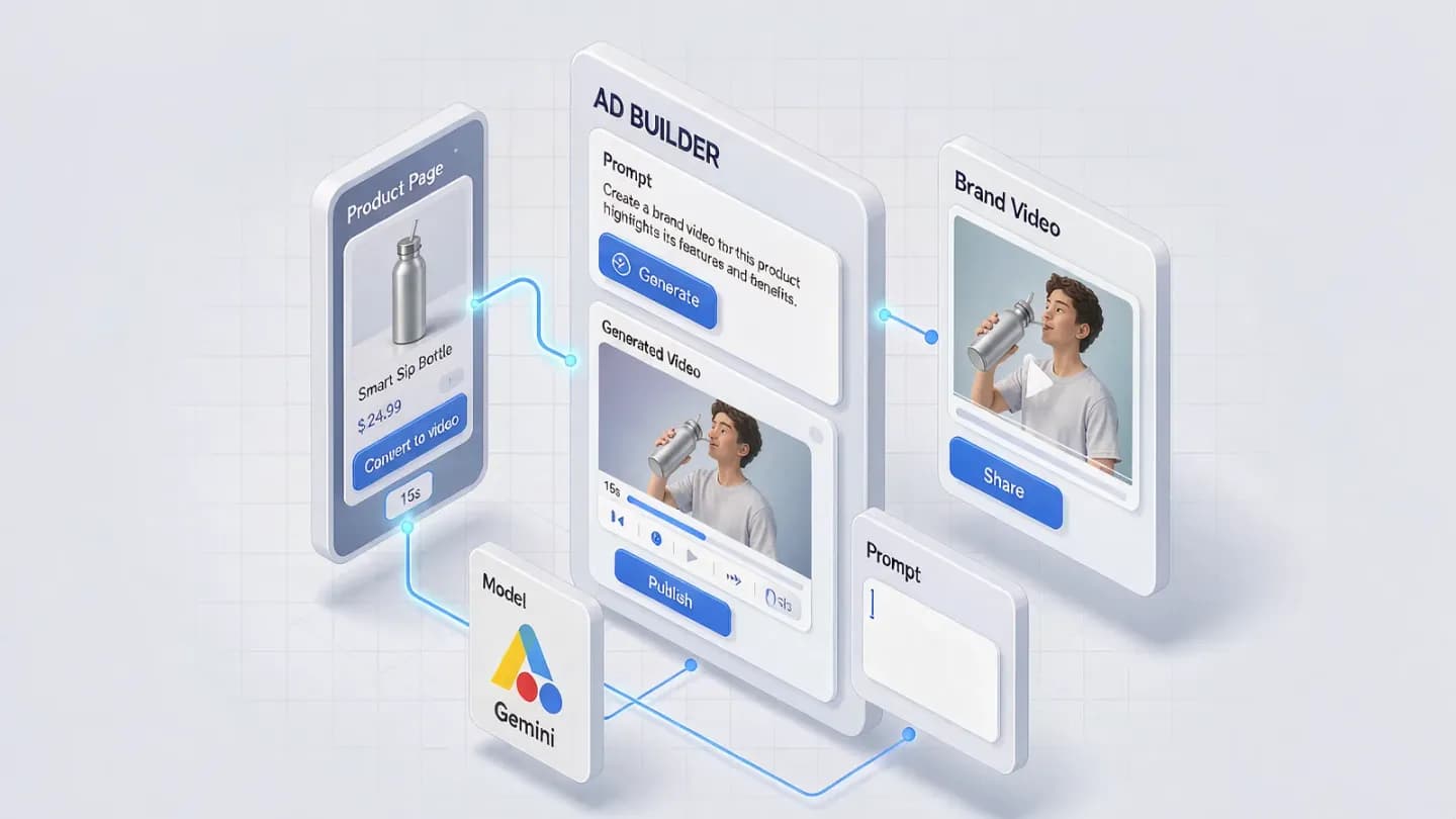 An isometric diagram of an AI ad builder console turning a product page into a finished video ad.