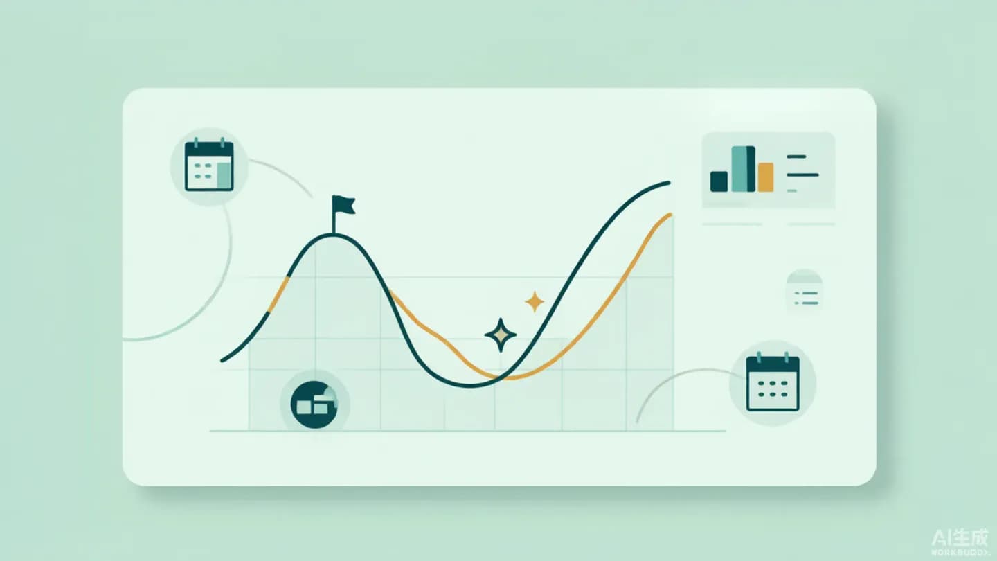 Editorial illustration of a marketing dashboard where a falling performance line is refreshed into a rising line, surrounded by calendar rotation icons