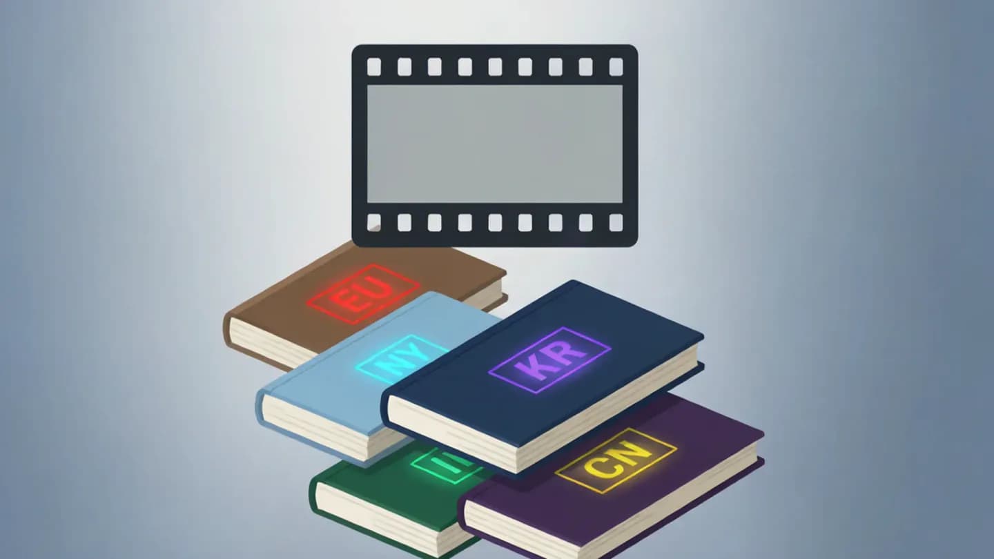 One video frame above five labeled rulebooks representing different markets' AI disclosure rules