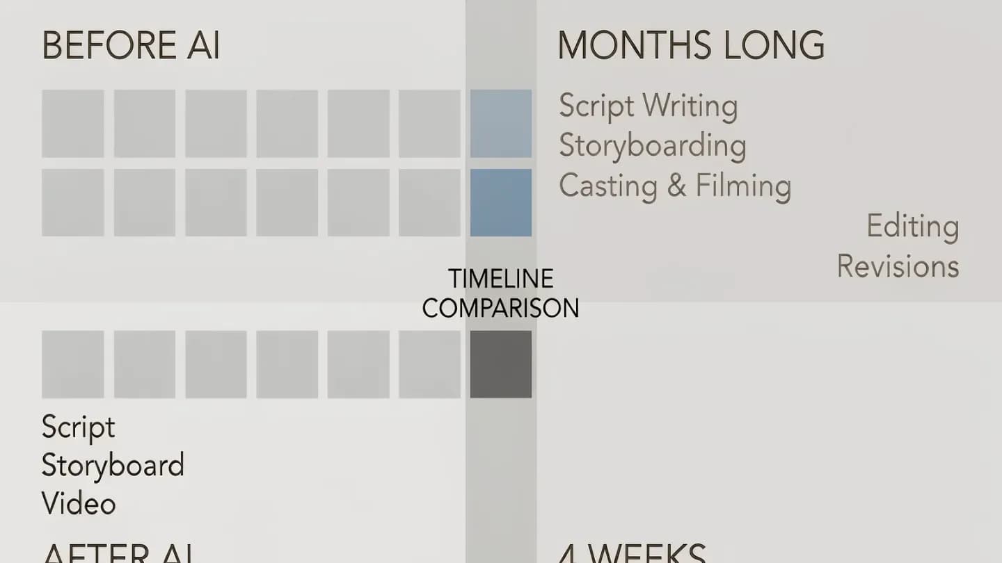 A split-screen infographic comparing a months-long traditional shoot with a four-week AI video pipeline.