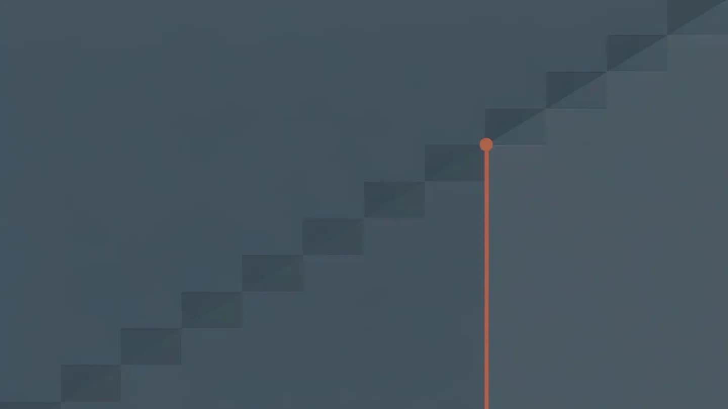 Abstract flat illustration: an ascending run of slate blocks crossing a dark navy field, interrupted by a tall thin amber vertical marker at about two thirds of the distance, with the area to its right tinted a lighter navy.