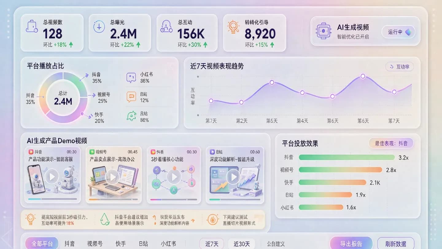 Dashboard showing AI-generated product demo videos across social platforms