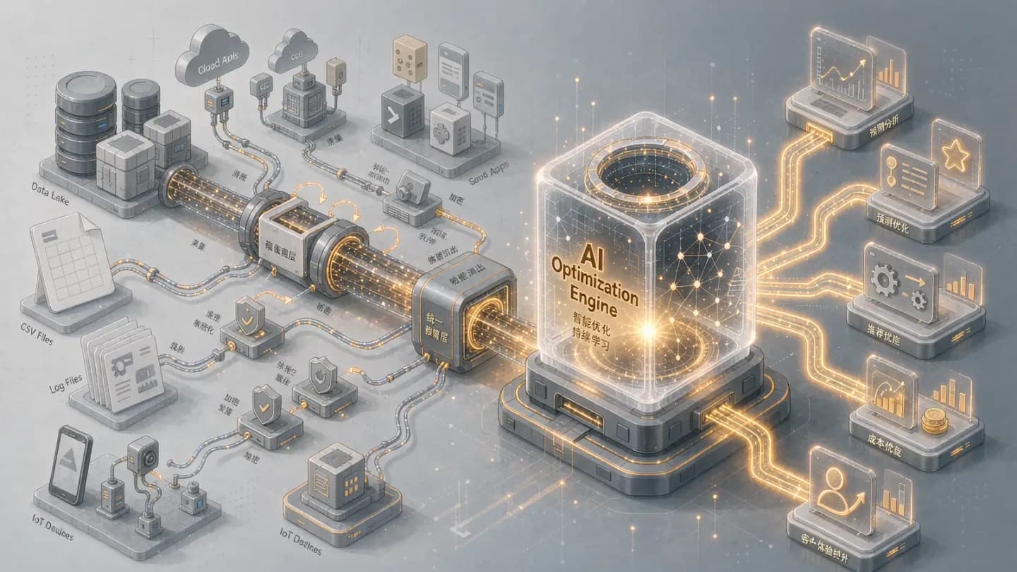 Fragmented data sources converging into a single AI optimization engine through a pipeline