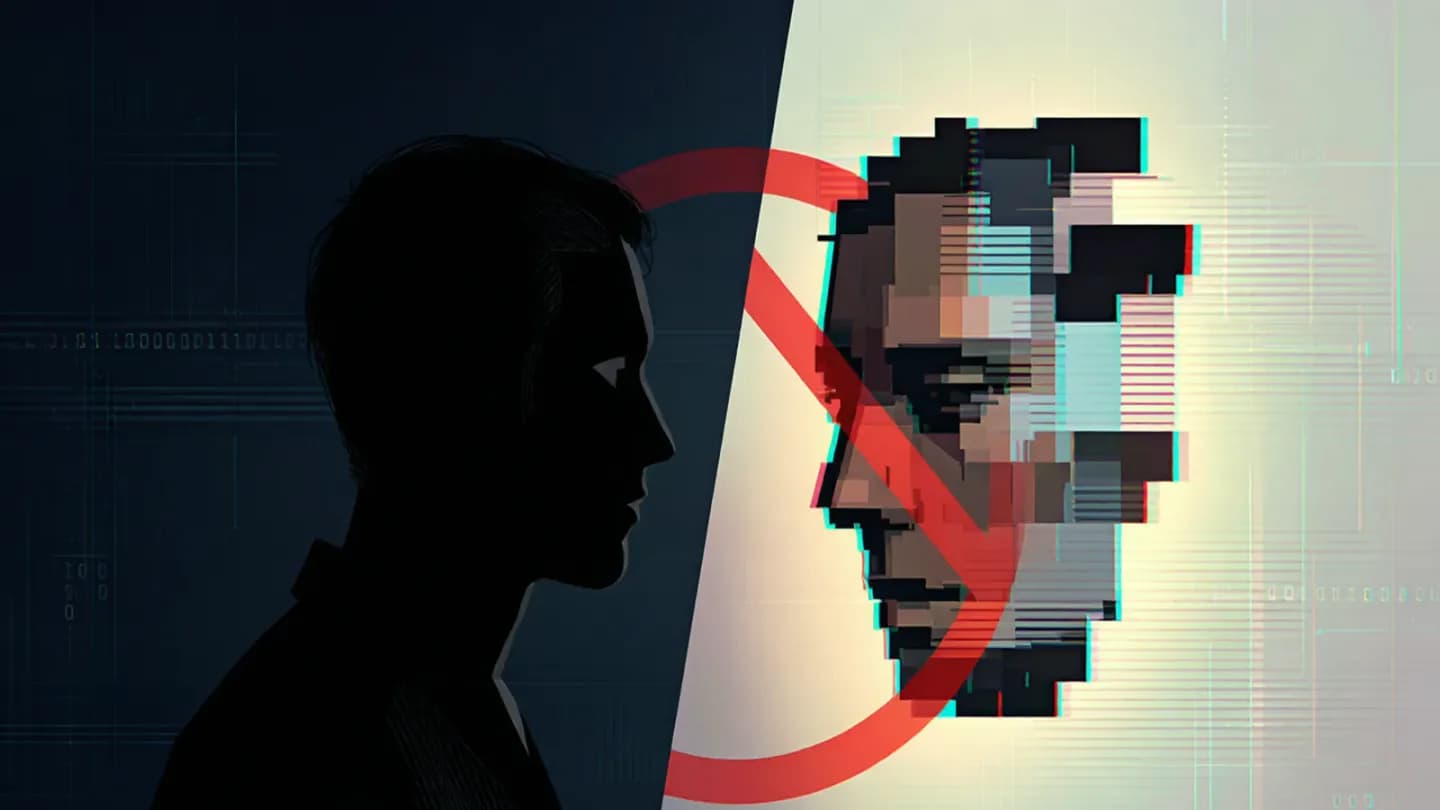 Split illustration contrasting a real person with a banned synthetic deepfake face