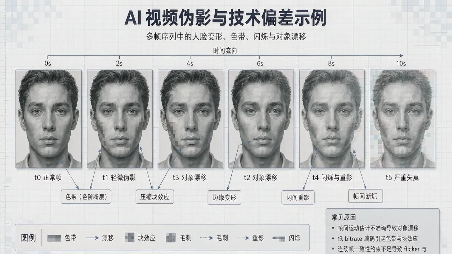 Diagram of common AI video defects including temporal drift, color flicker, and distorted faces