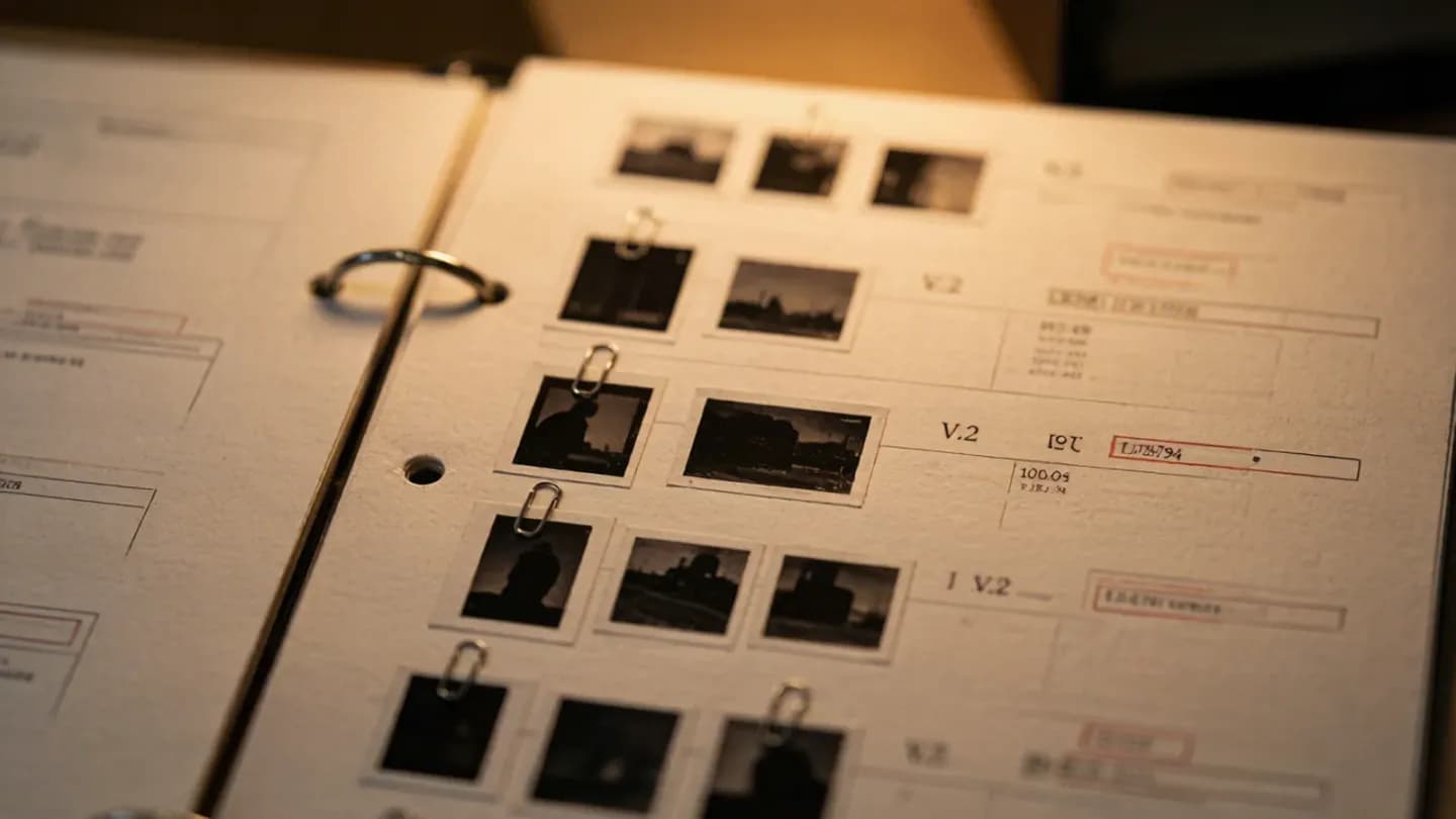 An open archival binder showing rows of per-asset records with small film frame thumbnails and version stamps under warm light