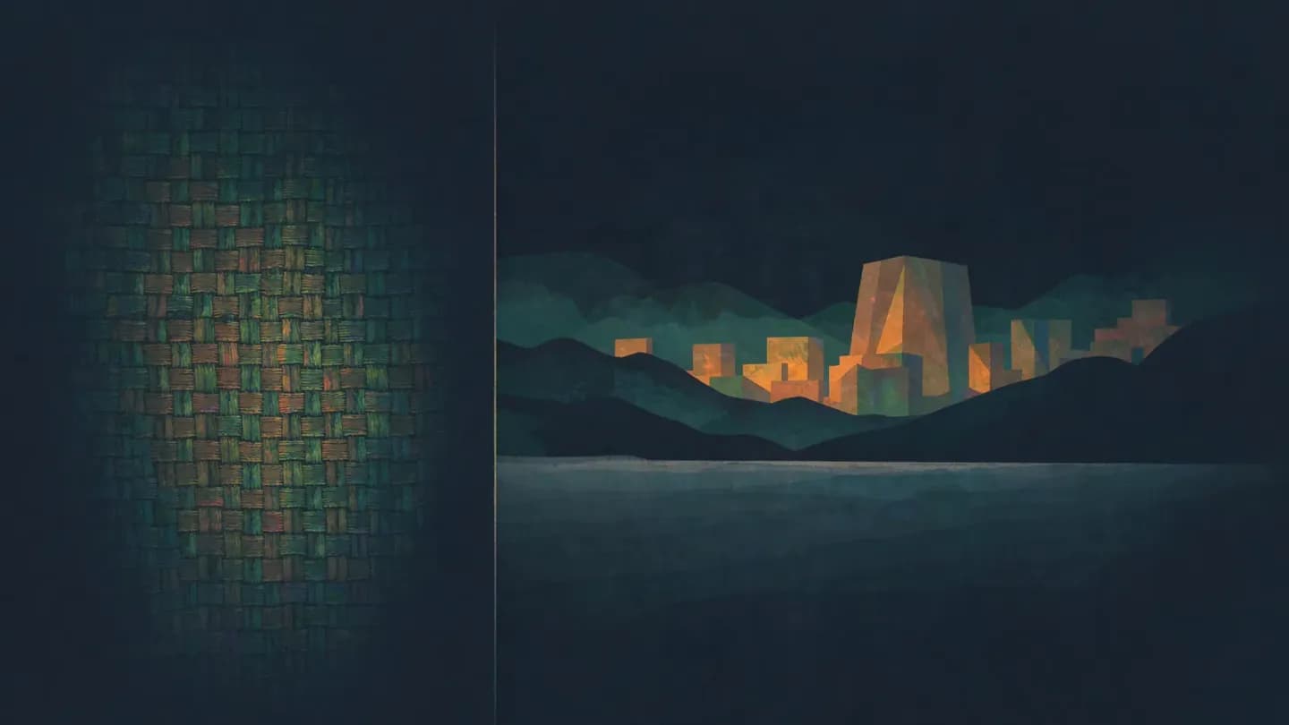 Split vector illustration contrasting an abstract texture panel with a landscape frame