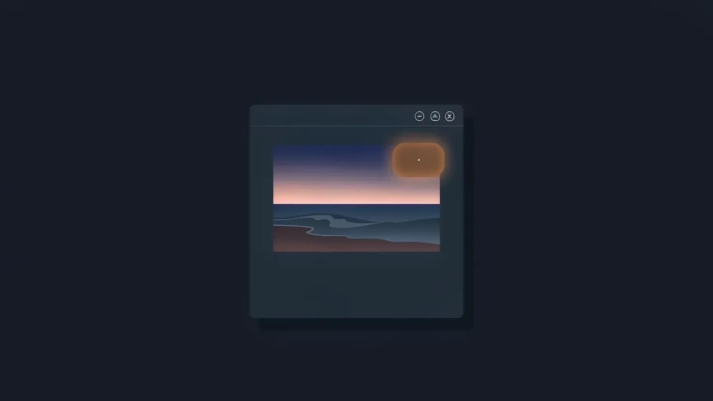 A minimal video player showing a calm beach at dusk, with a small solid amber badge glowing in its top right corner to mark synthetic content.
