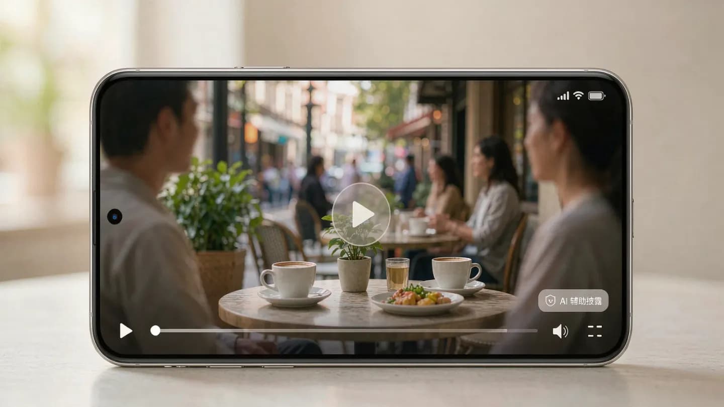 A social video ad frame with a subtle AI-assisted disclosure badge