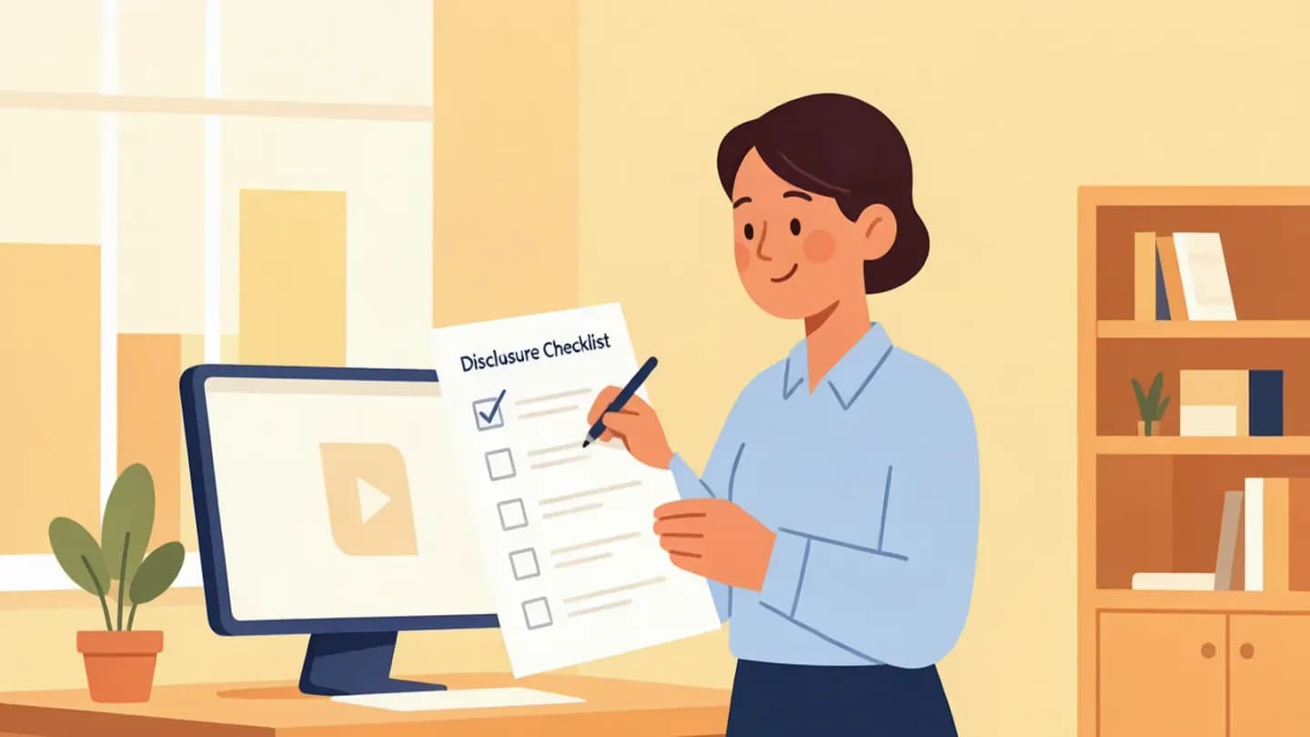 A video ad ops producer working through a pre-launch disclosure checklist.