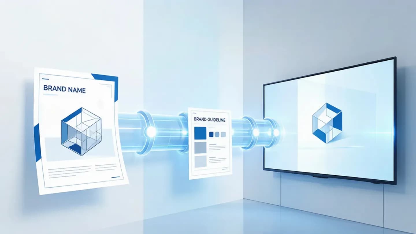 A small brand's logo and assets transforming into a connected-TV commercial through a self-serve pipeline