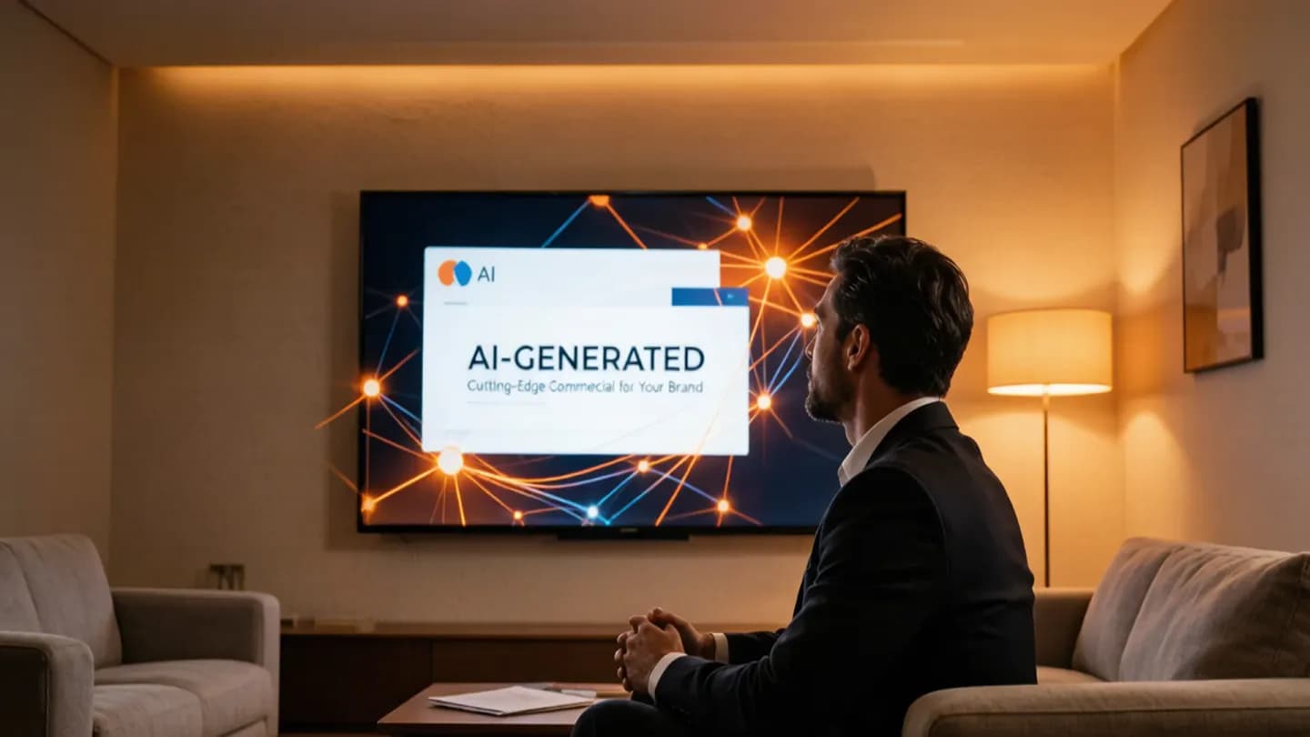 A small business owner viewing their brand's AI-generated connected-TV commercial on a living-room screen