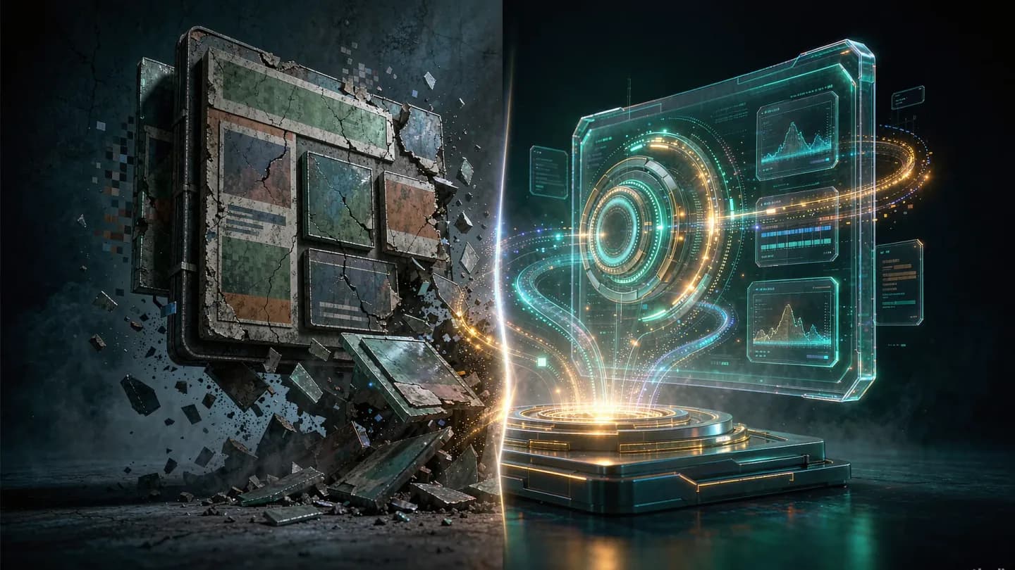 A dim display banner crumbling beside a glowing AI video production console