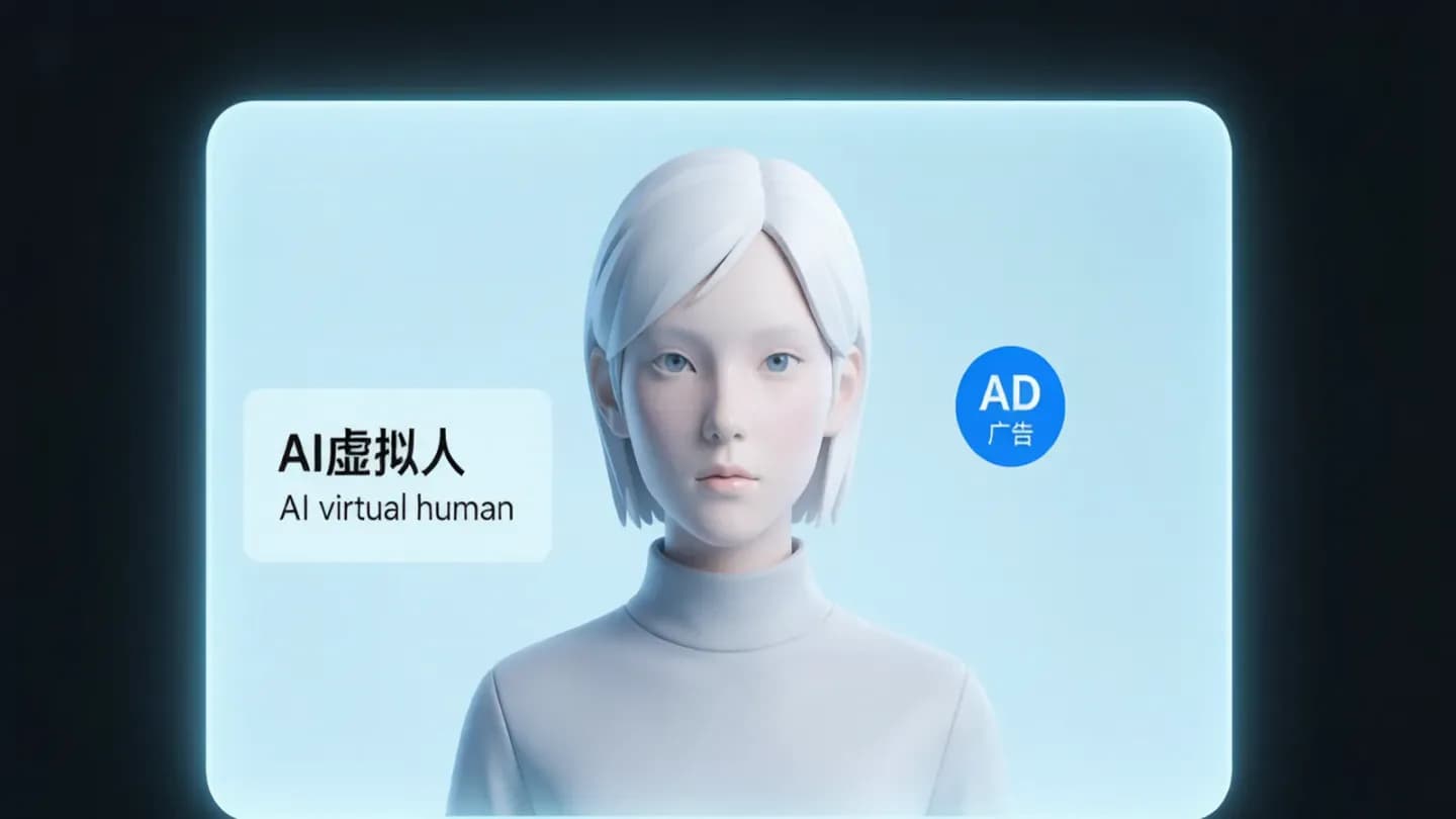 A virtual influencer on a screen carrying both an advertising marker and an AI virtual-human identity tag.