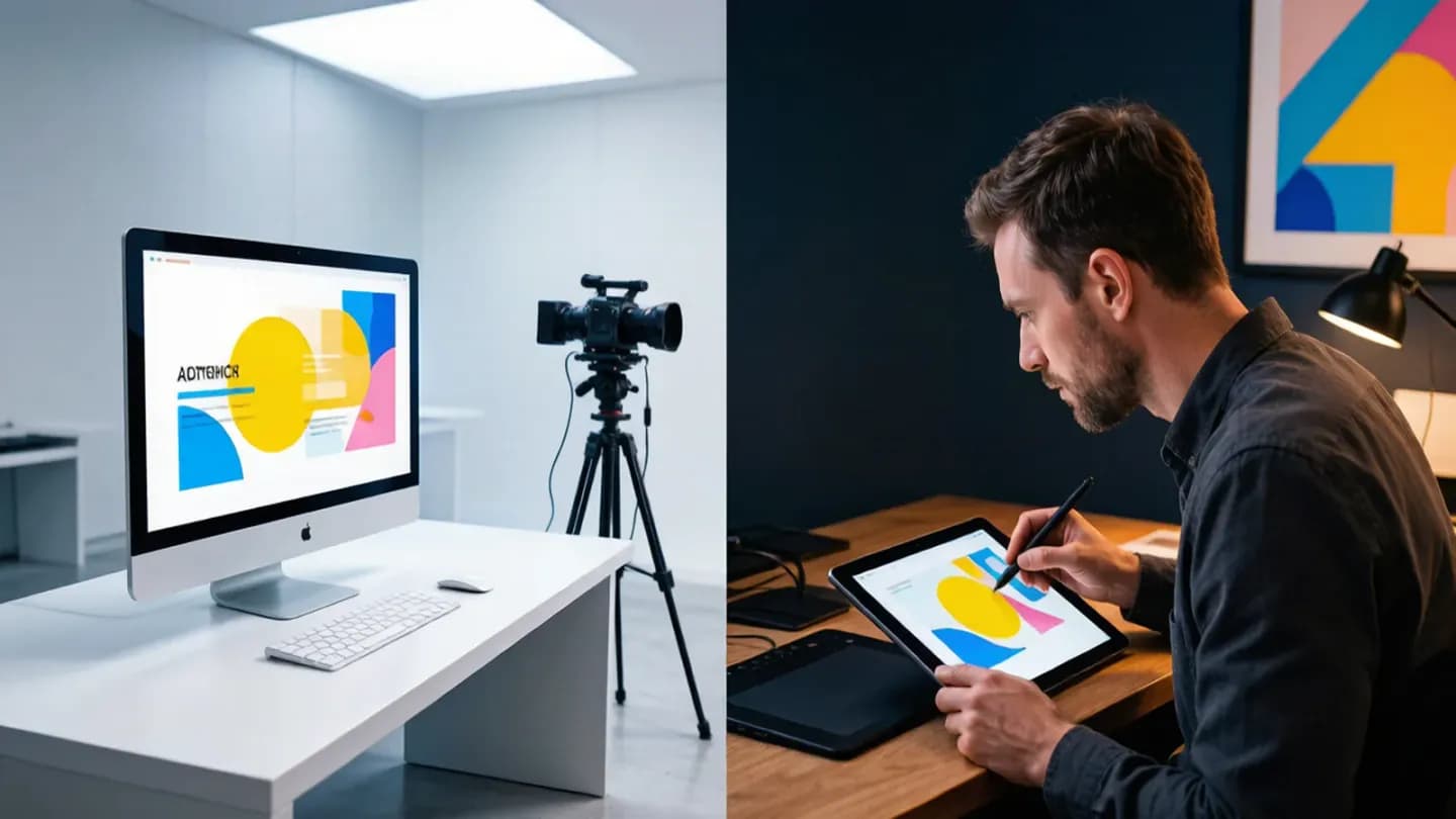A split panel showing fast AI video rendering on the left and a human art director reviewing a frame on the right