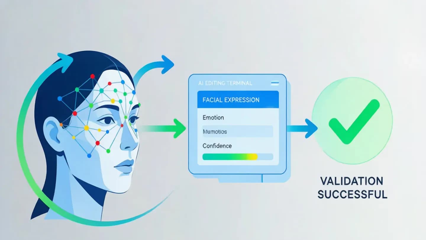 A closed-loop diagram of emotion measurement, AI editing, and validation