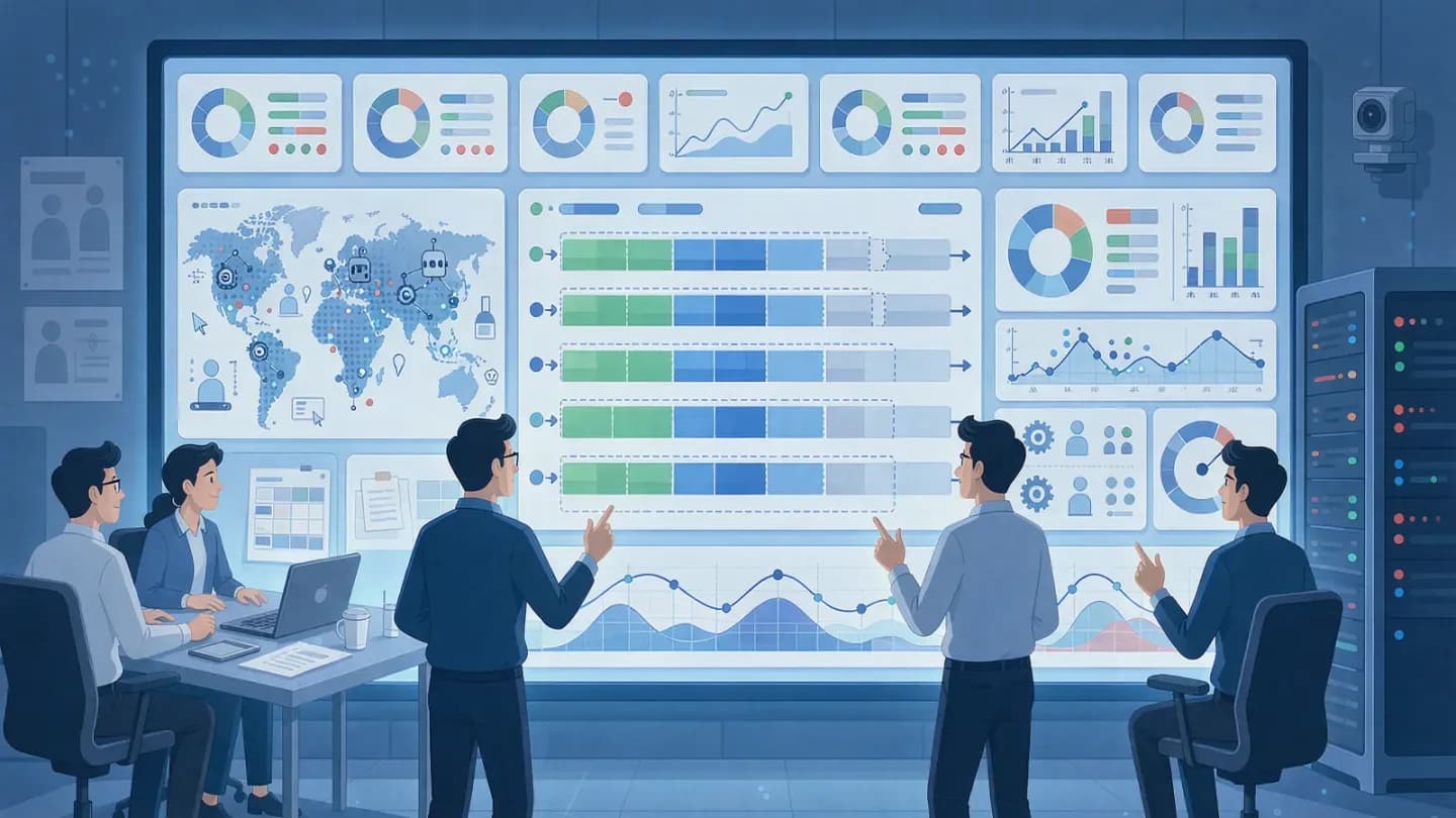 Enterprise analysts reviewing video inventory and measurement dashboards
