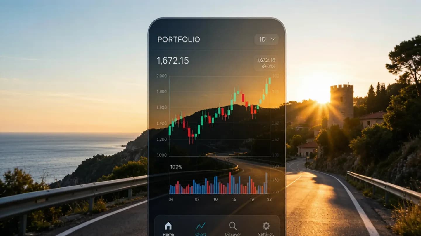 Stylized cinematic poster merging a trading app with an Italian coastal highway at golden hour