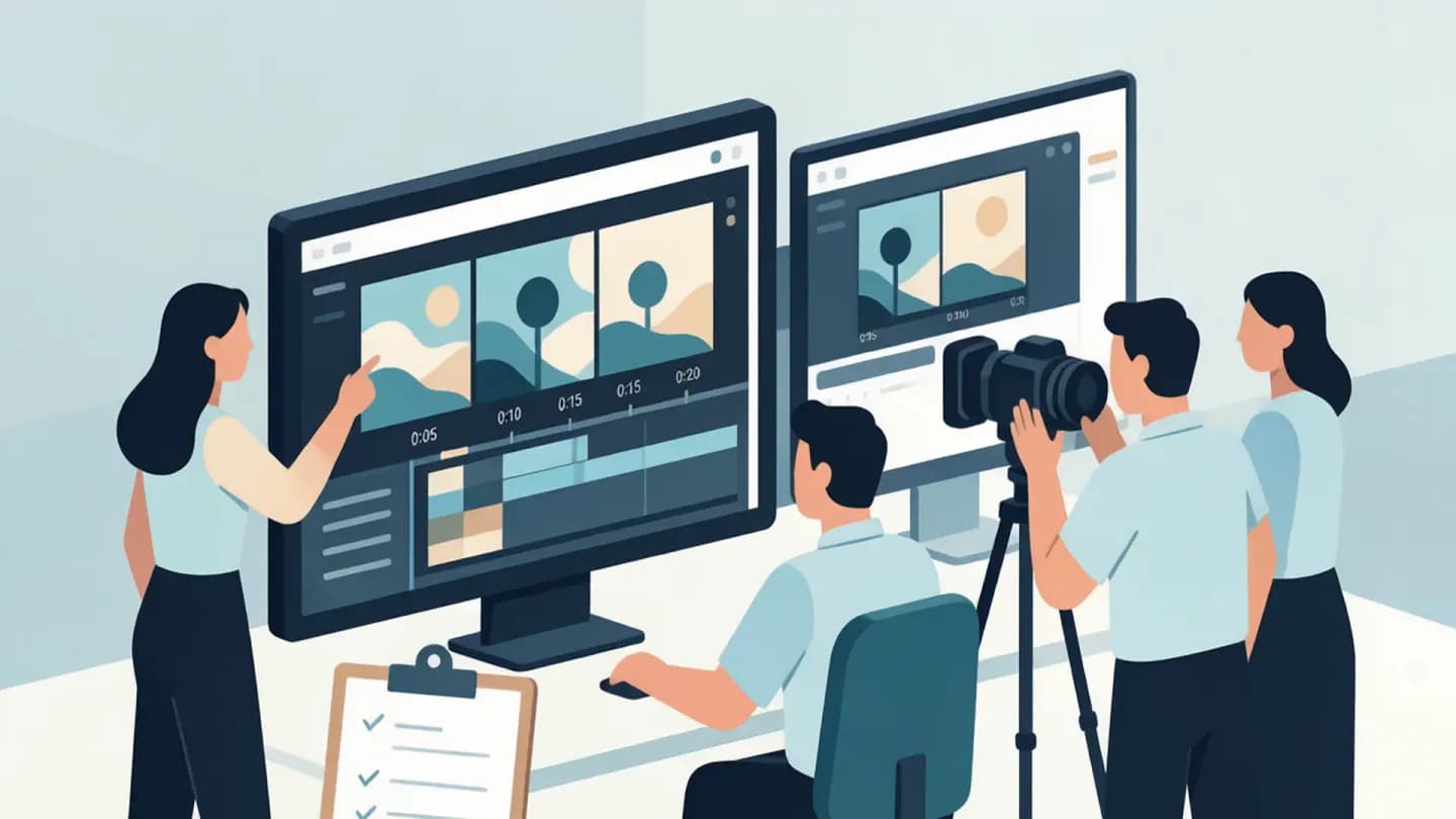 Isometric studio scene of a team comparing two AI-generated video frames against a pilot checklist