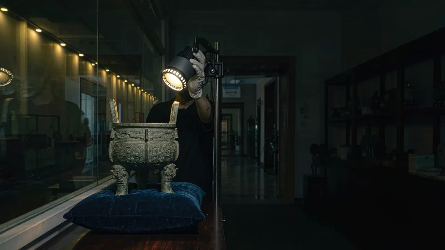 A bronze vessel on a velvet mount under museum lighting while gloved hands adjust a spotlight in a dark studio