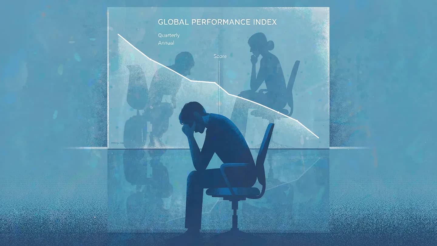 A downward performance curve with viewer silhouettes fading into static as fatigue sets in.