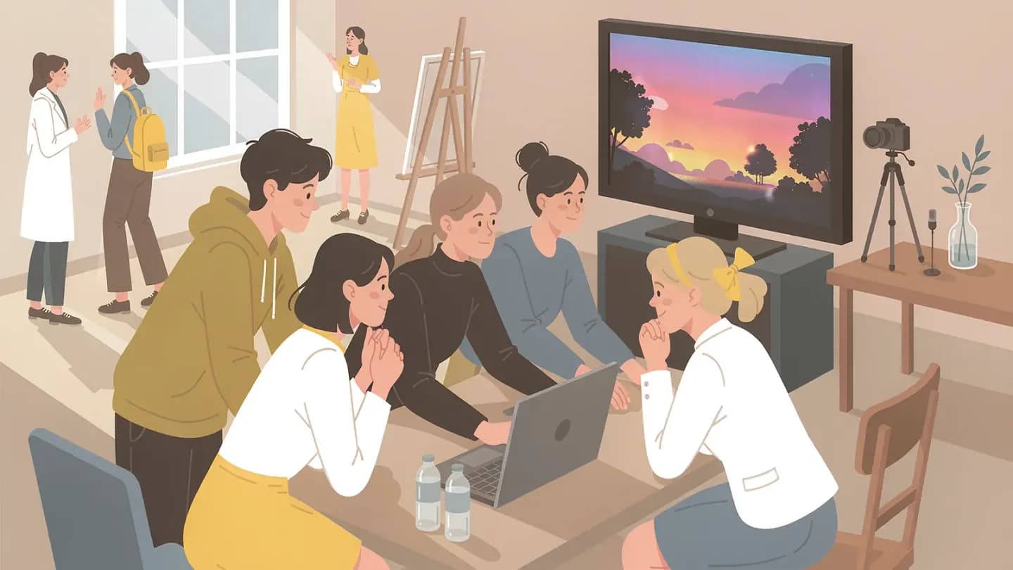 A divided video team reviewing a generated frame on screen