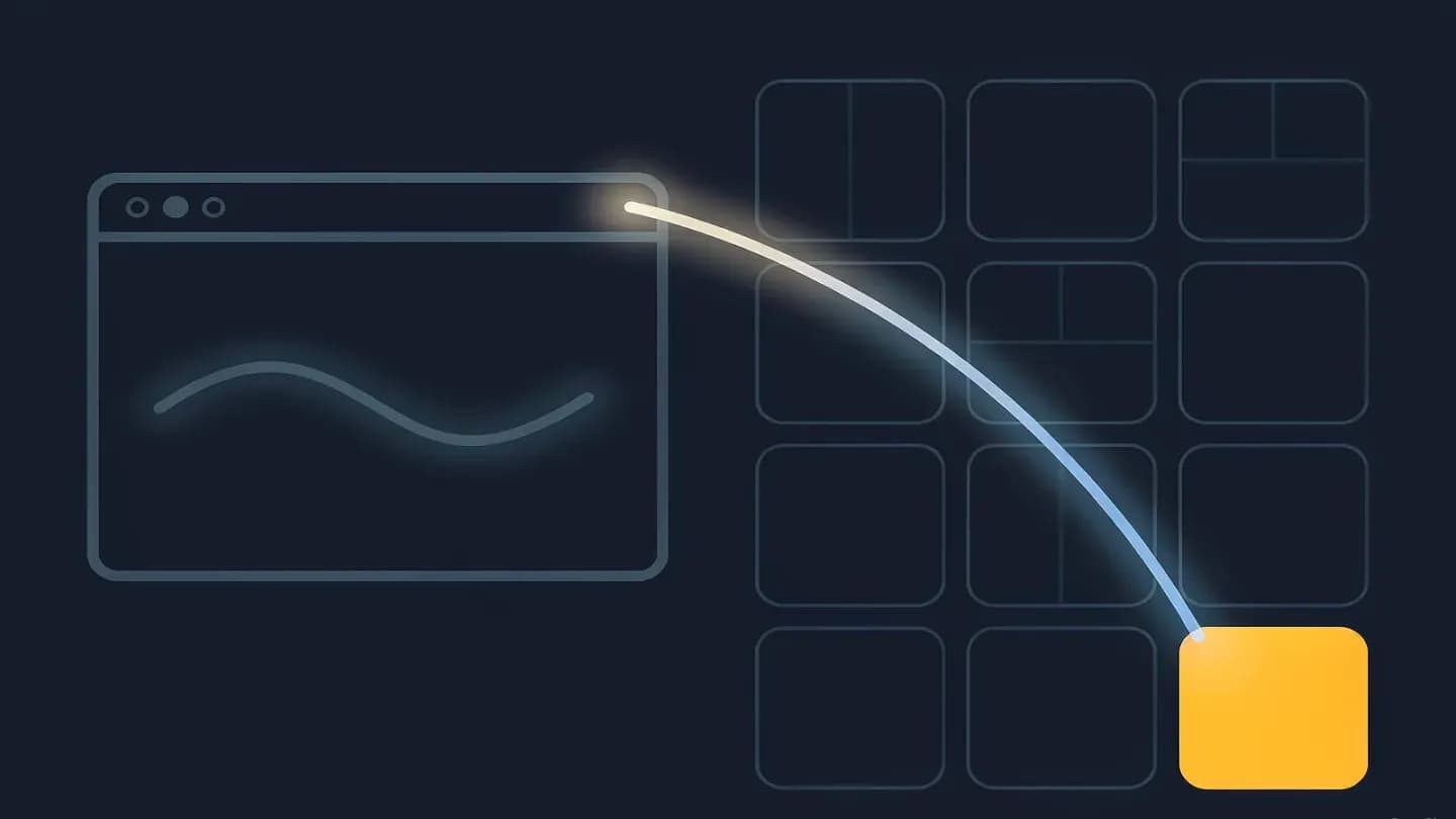 A video frame connects across a luminous bridge to one highlighted tile in a data grid as the feed joins the creative brief